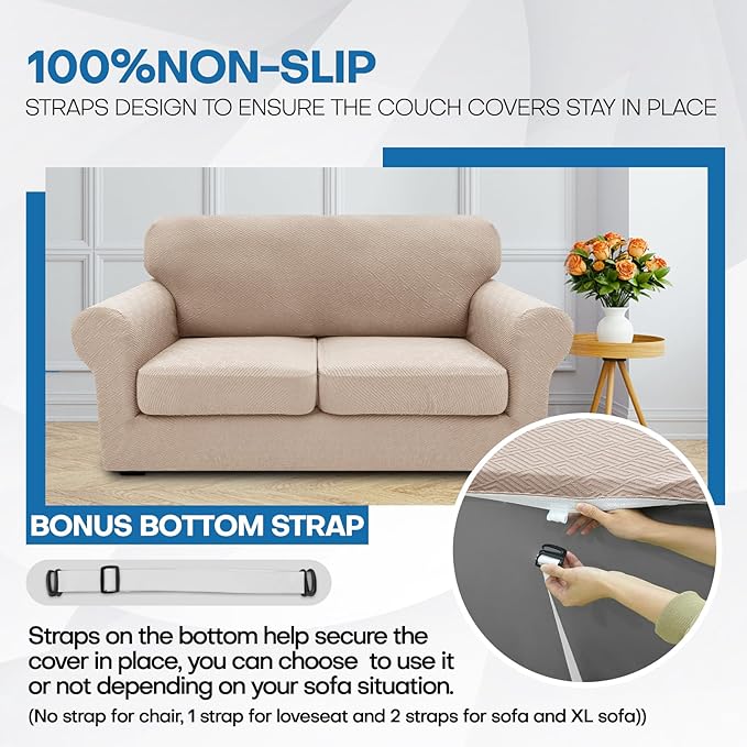 XINEAGE 2025 New 3 Pieces Couch Covers for 2 Extra Large Cushion Sofa Super Stretch Sofa Cover for 2 Large Seat Cushion Universal Loveseat Slip Cover for Living Room (Khaki), 71"-91"(2 Cushions)