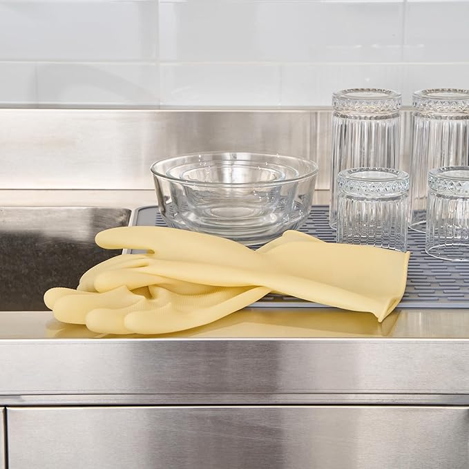 Restaurantware Latex Gloves 10 Count 13 Inch Extra Large Textured Grip Disposable Gloves for Kitchen Safety, 22-Mil Thickness and Long Cuff Yellow Rubber Gloves for Food Preparation and Cleaning