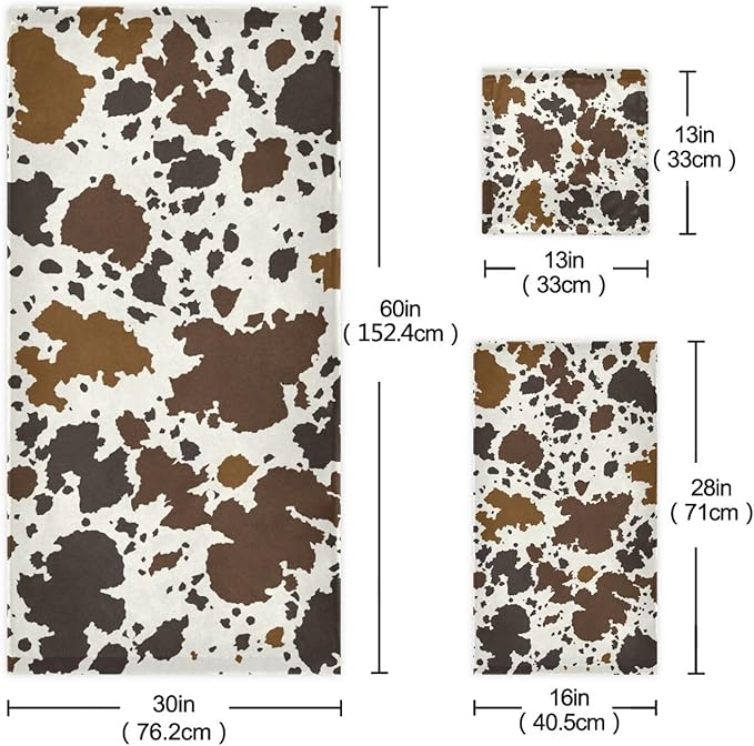 3 Piece Rutic Cowhide Pattern Bath Towel Set,Microfiber Decorative Western Animal Skin Cow Print Farmhouse Bathroom Towels,1 Bath Towel 1 Hand Towel for Bathroom Kitchen,1 Washcloth for Face