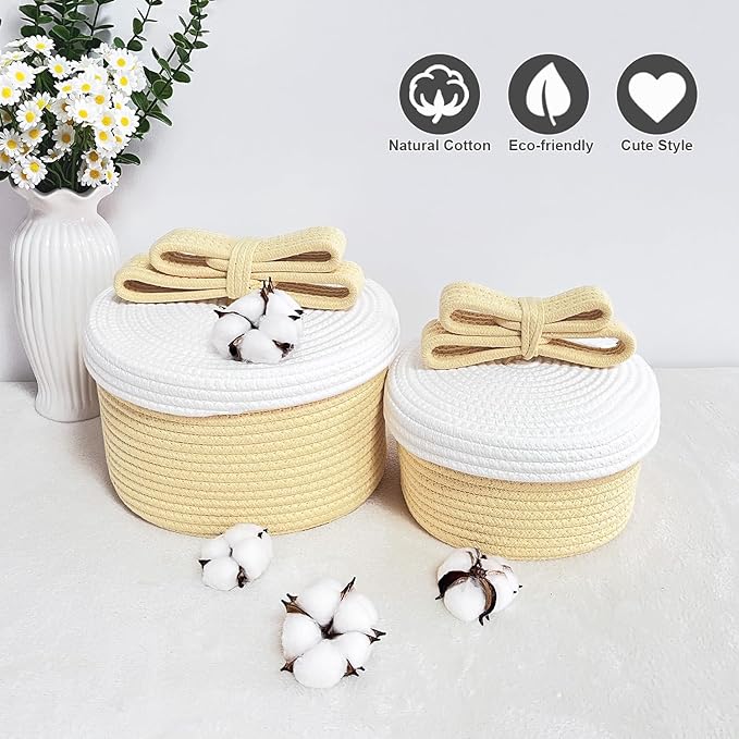 Cute Storage Baskets with Lids, Small Round Woven Rope Basket with Lid, Small Toy Box for Kids, Cat or Dog, Cute Basket for Gift, Toy or Home Decor, Chic Bow Handle (yellow)