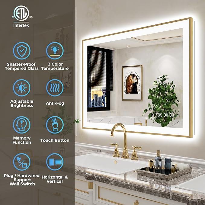 24x36 Inch LED Bathroom Mirror with Lights (Front Lit and Backlit) Gold Framed Lighted Vanity Mirror for Bathroom Wall Dimmable Anti-Fog Memory Tempered Glass Horizontal/Vertical