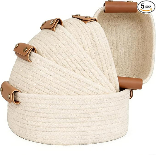 SVNR Beige Storage Baskets Set of 5, Woven Rope Shelf Bins for Organizing - Durable Cube Organizers for Closet, Nursery, Bedroom, Toy Storage with Handles, Modern Home Decor