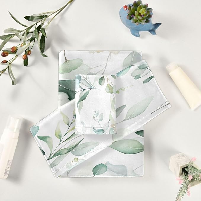 3 Piece Sage Green Eucalyptus Bath Towels Set,Microfiber Absorbent Vintage Watercolor Leaves White Floral Towels for Bathroom,1 Bath Towel,1 Hand Towel,1 Washcloth,Decorative Bathroom Towels