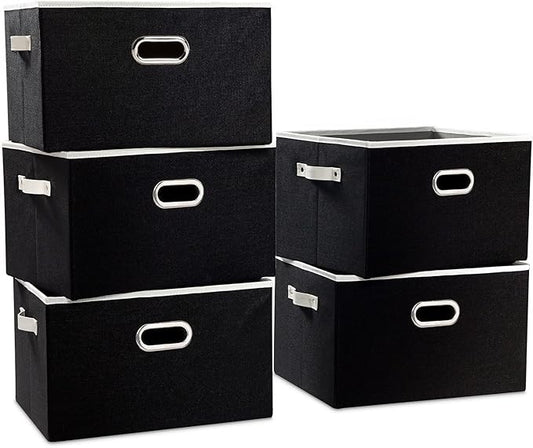 PRANDOM Larger Collapsible Storage Bins for Closet [5-pack] Decorative Linen Fabric Storage Baskets Cubes with Leather/Metal Handles for Living Room Black (17.3x12.2x10.4 Inch)