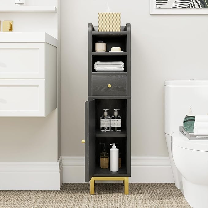 Slim Bathroom Storage Cabinet, Corner Bathroom Cabinet, Narrow Toilet Paper Storage, Small Bathroom Storage, Bathroom Floor Cabinet for Small Spaces, Towel Cabinet for Bathroom, Black