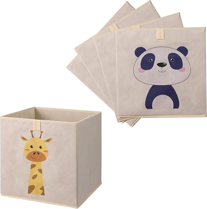 Navaris Toy Storage Boxes - Kids Bedroom Cube Baskets w/ Pull-Out Loop - Fabric Collapsible Box Drawers Unit for Shelves - Compatible with Ikea Kallax Inserts - Set of 4 Animals