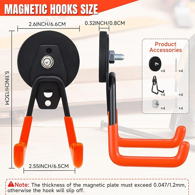 Magnetic Hooks 4 Pack, Large Strong Magnetic Hooks Heavy Duty with Anti-Slip Coating, Garage Magnet Hooks for Hanging Garden Tools,Drills,Hoses. Ideal for Metal Cabinet,Tool Cart,Workshop