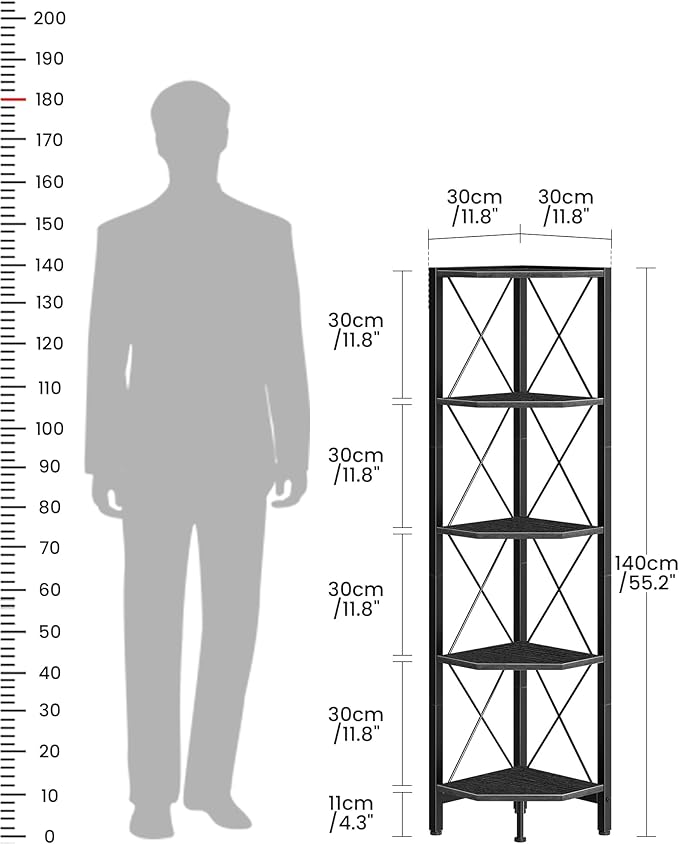 5-Tier Corner Shelf, Corner Bookcase, 55.2" Tall Vertical Display Rack, Plant Stand, Open Storage Shelf, for Living Room, Bedroom, Study, Kitchen, Black TCJ12BB
