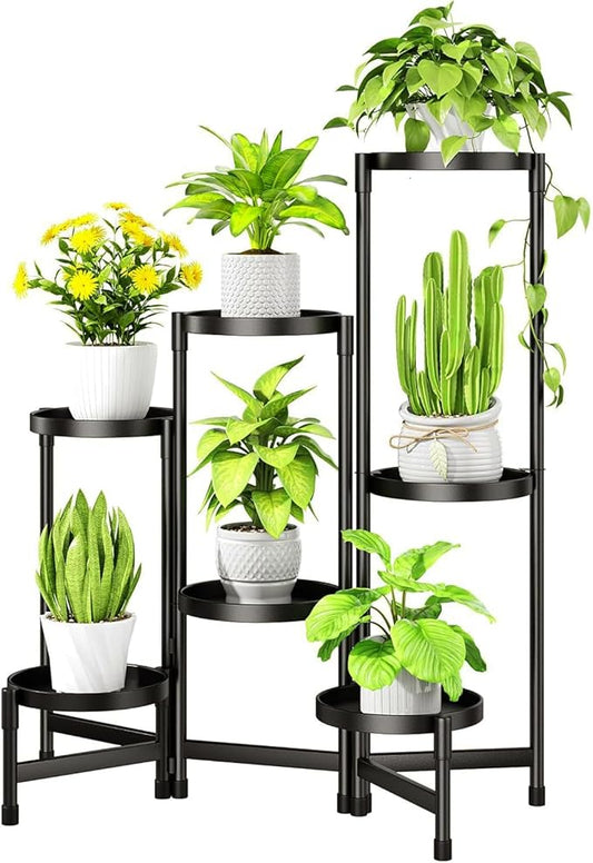 Folding Plant Stand Indoor Outdoor with Metal Tray, 7 Tiered Corner Flower Holder Shelf Metal Orchid Display Rack for Patio Porch Living Room Garden Balcony, Modern Black