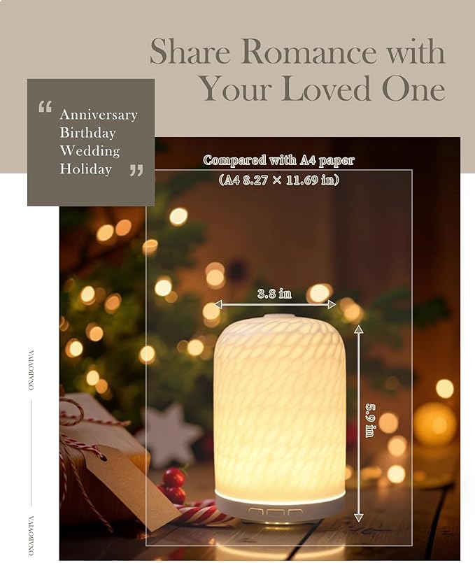 Essential Oil Diffuser - 2.4MHz Ultrasonic Ceramic Diffuser for Home, 120ml, Pulse&Continuous Mist, Bright/Dim/Breathing Lighting, Waterless Auto-Off, Aromatherapy Diffuser with USB Cable