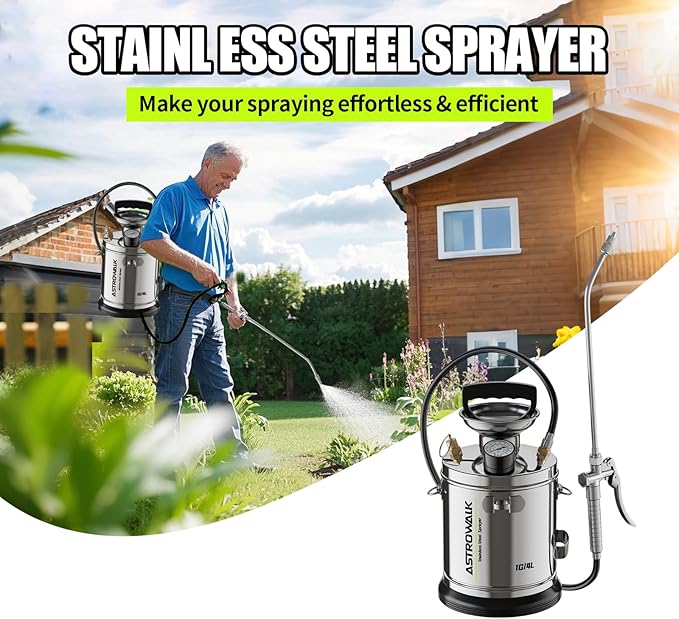 Pump Sprayer 1 Gallon, Stainless Steel Chemical Sprayer with 20" Wand & 4FT Reinforced Hose for Weed Killer, Lawn, Disinfection & Concrete, Includes Viton Seals and Gloves