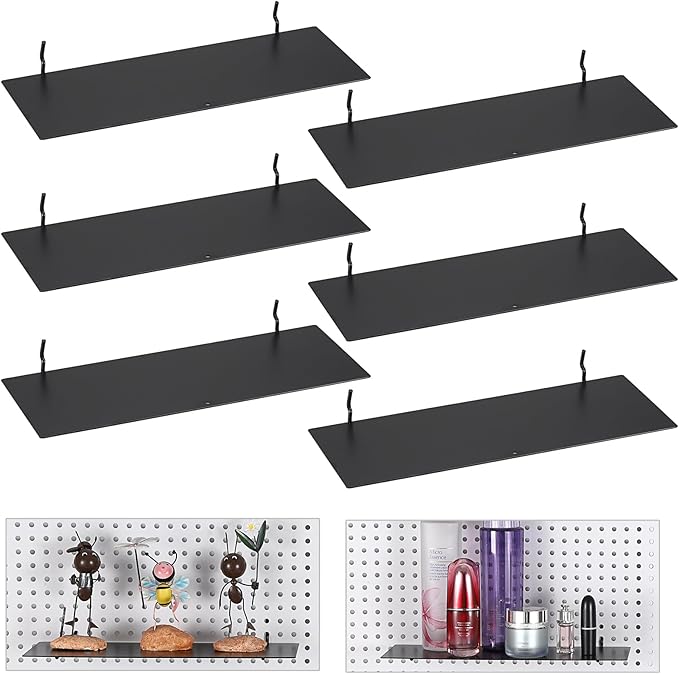 Kokone 6 Pack Pegboard Shelves for Storing or Displaying, 12x4 Inch Flat Display Shelves for Pegboard, Wall Pegboard Shelves Accessories Steel Tray for Garage Workshop Craft Room Organizer