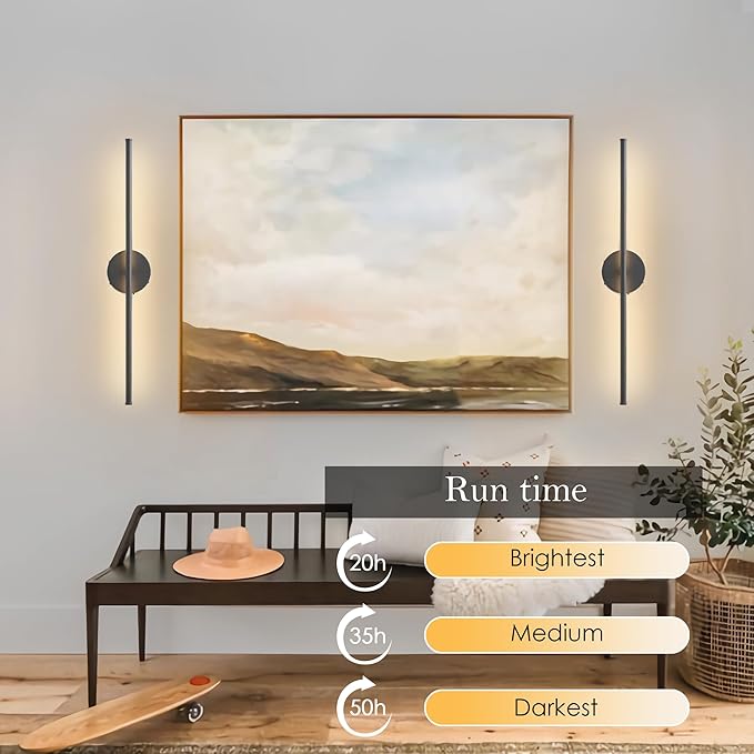 Battery Operated Wall Sconces with Remote Control, Dimmable Wall Sconces Set of Two, 350°Rotate, 3000K LED Black Wireless Wall Light for Living Room, Bedroom,Hallway, 28.3 Inch (2 Pack)