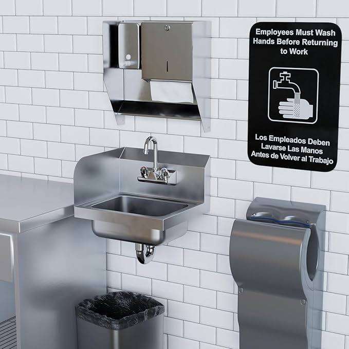 Stainless Steel Hand Sink with Right Side Splash Guard 15” x 17” | Commercial Wall Mount Hand Basin with Gooseneck Faucet, Strainer, Back Splash | NSF (Left Side Splash Guard)