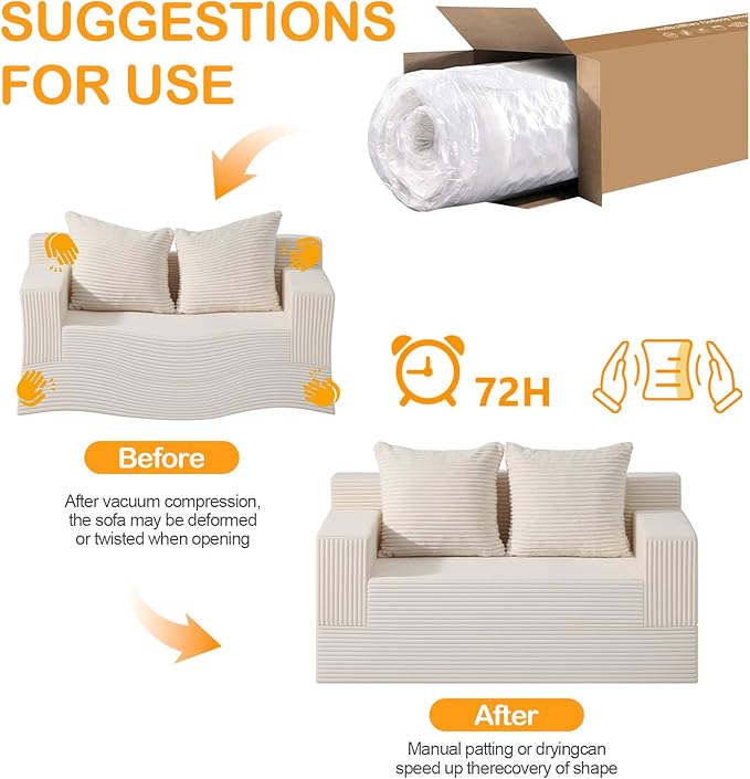 Convertible Sofa Bed, Loveseat Folding Floor Futon Sleeper Sofa Couch Bed- Boneless Foldable Couch, Corduroy Pull Out Sofa Bed with 2 Pillows for Living Room & Bedroom