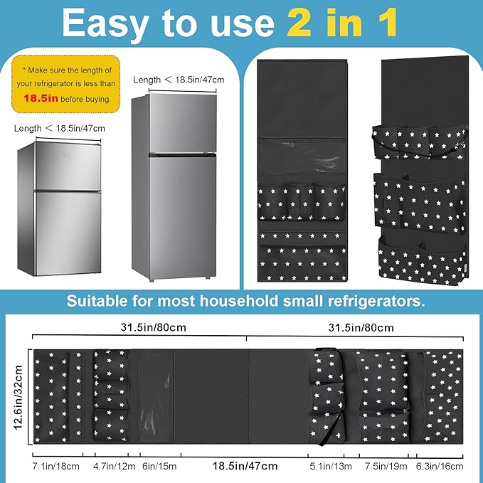 Dorm Room Essentials Mini Fridge Organizer, Hanging Over Fridge Storage Organizer, College Caddy with 14 Pocket for Office, Kitchen, Home, School (Black)
