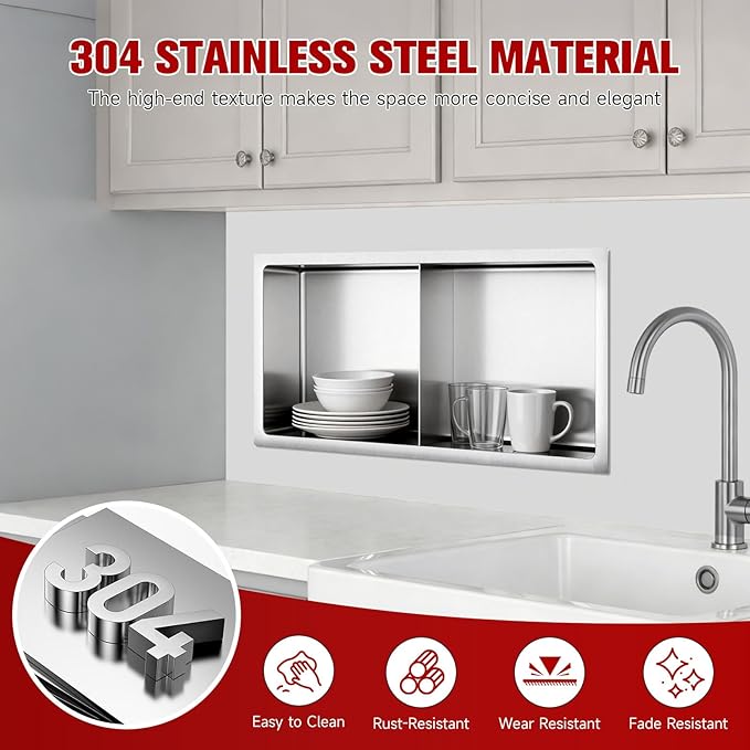 No Tile Needed Shower Niche 13"X 25", Bathroom Wall Niche Double Shelves, Stainless Steel Shower Niche for Bathroom, Kitchens, Balconies