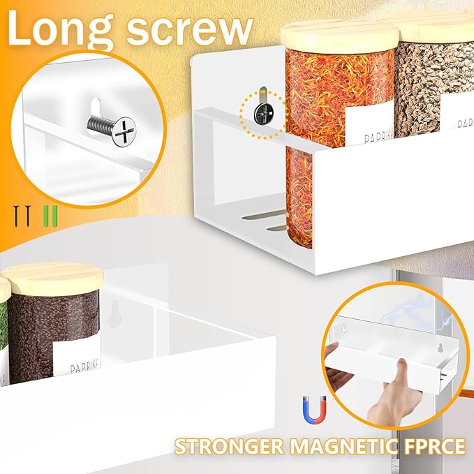 Magnetic Spice Rack for Refrigerator, 4 Pack Magnetic Shelf with 1 Hook Magnet Spice Storage Rack Seasoning Organizer with Screw for Oven Fridge(White, 4Rack&1Hook)