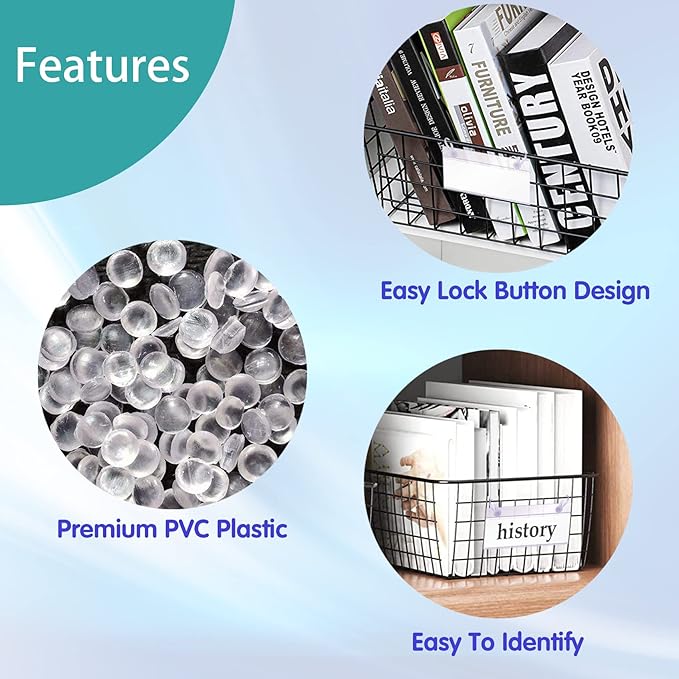 ELEMGULY Basket Label Holders, 20PCS Plastic Basket Label Clips with Easy Button Lock Design, Wire Shelf Label Holder Wire Rack Display Holder Price Sign for Home Market (20pcs Label Paper Included)