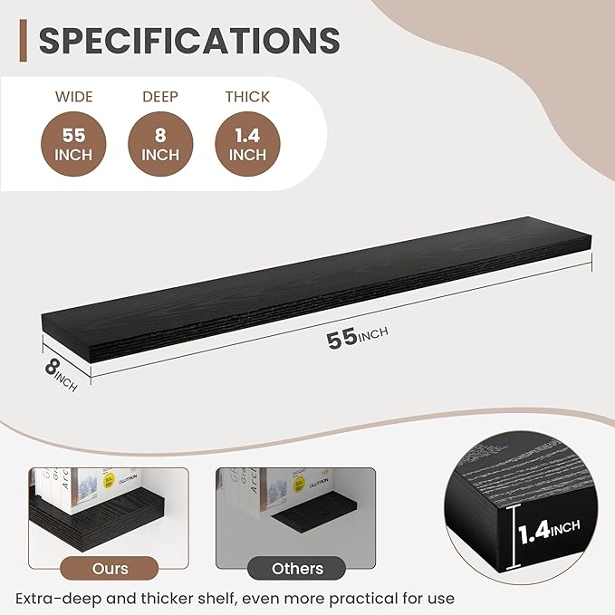 55 Inch Floating Shelves, 8 Inch Deep Floating Shelves for Wall, Hanging Shelf with Invisible Brackets, Deep Shelves for Bathroom, Bedroom, Living Room, Black, Set of 2