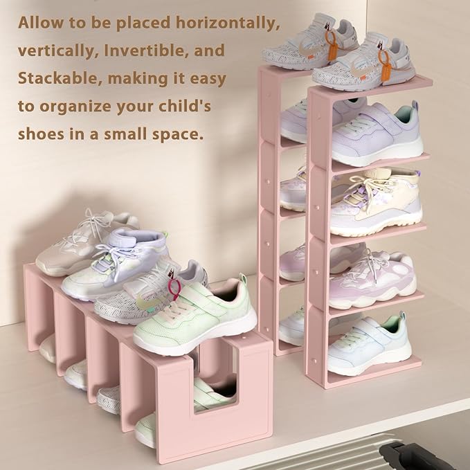 Kids Shoe Rack - 2 Pack Shoe Organizer for Toddlers & Children, Space-Saving Nursery Shoe Storage Shelf, Small Baby Shoes Display Rack for Closet/Entryway, for Desk File Book Organizer(Pink)