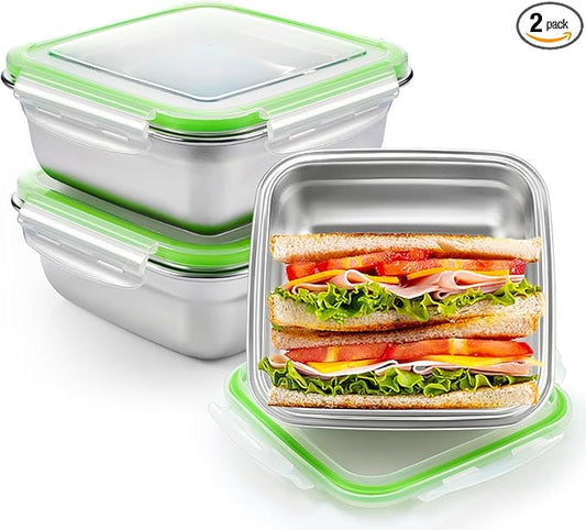 2 Pack Stainless Steel Sandwich Containers with Lids 25. 4 oz Metal Food Container for Lunch Boxes with Airtight Silicone Seal for Sandwiches and Snacks