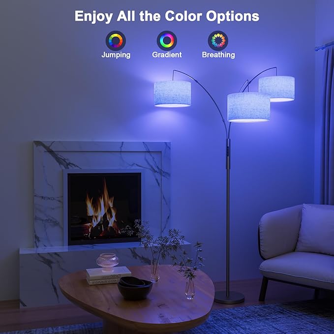 36W RGB Arc Floor Lamp with 3 Fabric Shades, 3000LM Super Bright Standing Lamp with Remote Control & Touch, Stepless Dimming, Individual Light Control for Living Room, Bedroom