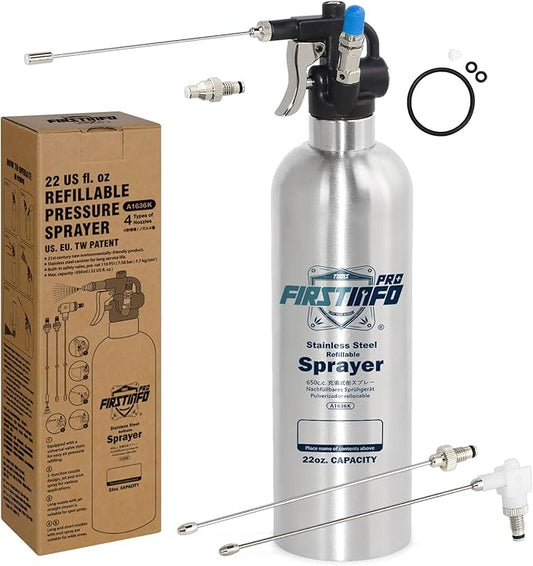 FIRSTINFO A1636K Patented Max. Pressure 110 psi / 650ml Stainless Steel Canister Aerosol Refillable Fluid Spray Can/Pneumatic Compressed Air Sprayer