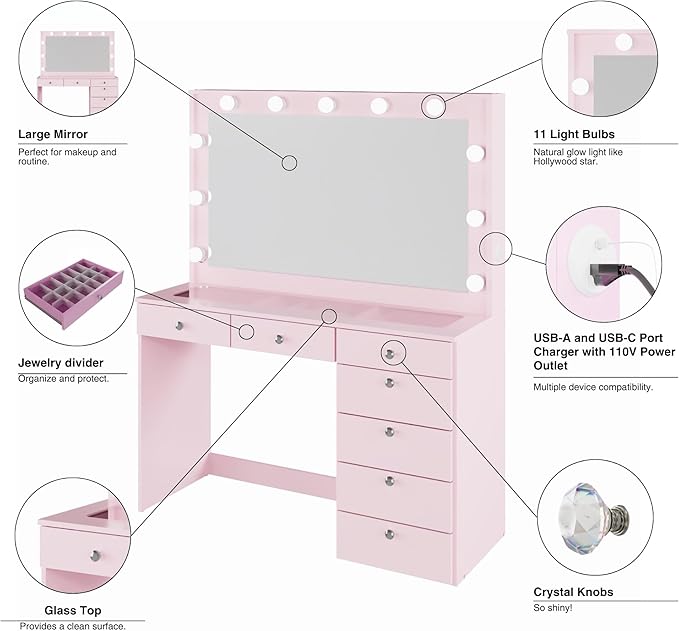 Boahaus Serena Modern Pink Makeup Vanity Desk with Mirror Lights, Power Outlet with USB Ports, Glass Top, Jewelry Divider, 7 Drawers, and Crystal Knobs for Bedroom