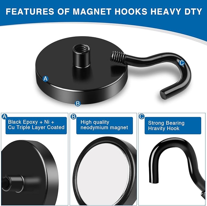 LOVIMAG Magnetic Hooks Heavy Duty, 170LBS Magnet Hooks for Cruise Cabin, Cruise Door Magnets with Epoxy Coating for Hanging, Strong Neodymium Magnets for Ceiling, Home Improvement Must Haves-6 Pcs