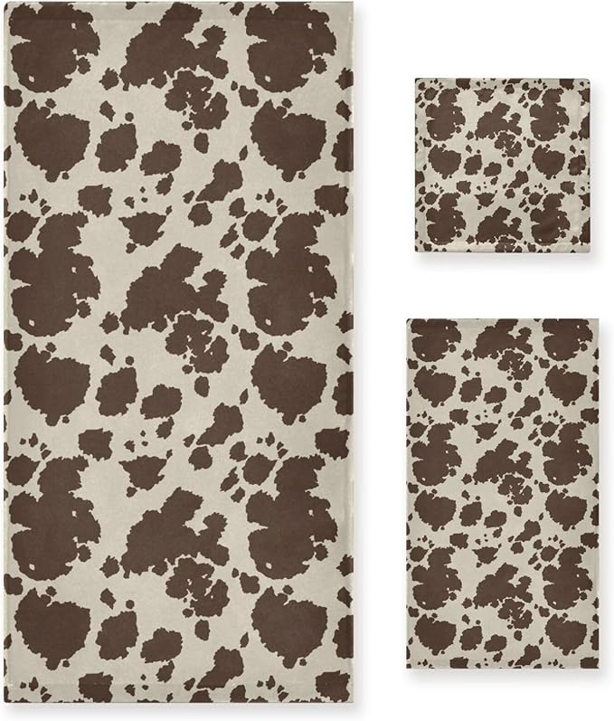 3 Piece Western Cow Print Bath Towels Set,Microfiber Absorbent Rustic Brown Farm Animal Cowhide Towels for Bathroom,1 Bath Towel,1 Hand Towel,1 Washcloth,Cow Gifts Decorative Bathroom Towels