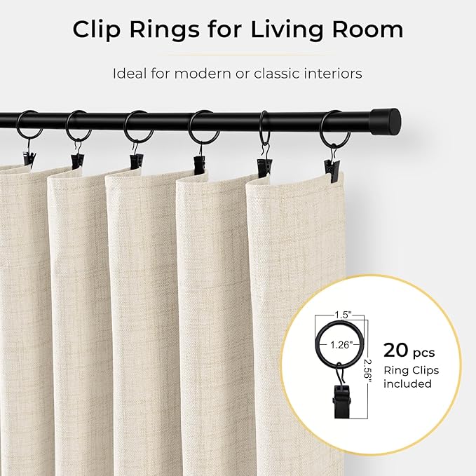 INOVADAY 100% Blackout Curtains for Bedroom, Black Out Curtains 90 Inch Long, Clip Rings Linen Blackout Drapes, Thermal Insulated Room Darkening for Living Room, 1 Panel - Cream,W102xL90