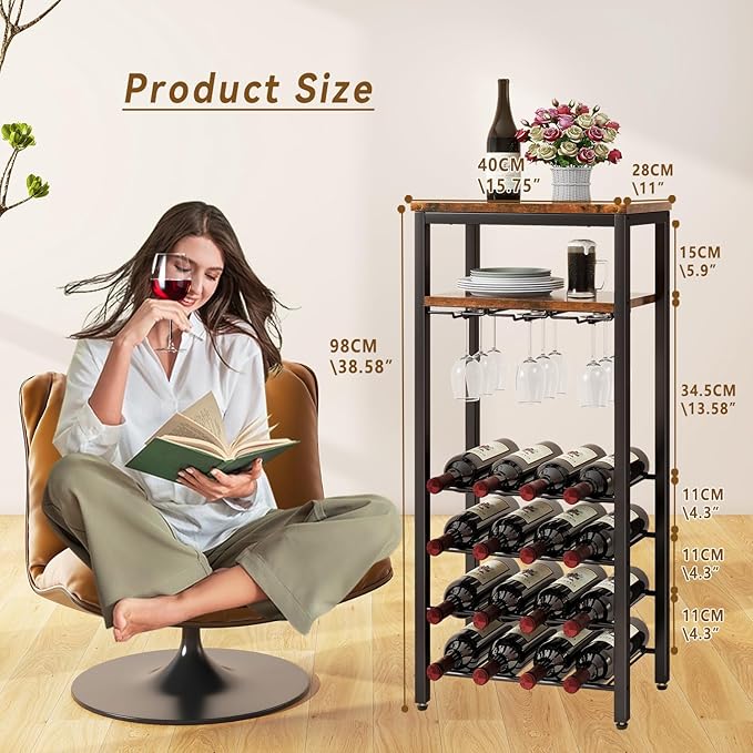 IBUYKE Wine Racks Freestanding Floor,Liquor Bottle Holder,16 Bottles Wine Cabinet with Glass Holder,Wine Holder Display,Mini Wine Bar Table for Living Room,Kitchen Pantry,Dining Room,Brown UTMJ907H