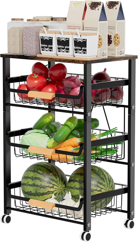 Fruit Vegetable Basket for Kitchen,4 Tier Pantry Organizers and Storage,Snack Organizer for Countertop,Pantry Cart,Metal Wire Storage Shelf Organizer Baskets for Kitchen, Pantry, Bathroom