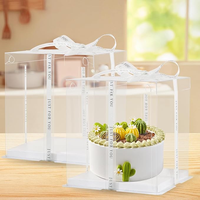 8Pcs Clear Cake Box with Ribbon 2-Layer 10x10x9 Inch, Transparent Cake Box with Lids, Tall Cake Boxes, Transport Gift Boxes for Birthday Wedding Valentine'Day.(Clear, 10 * 10 * 9inch/8pcs)