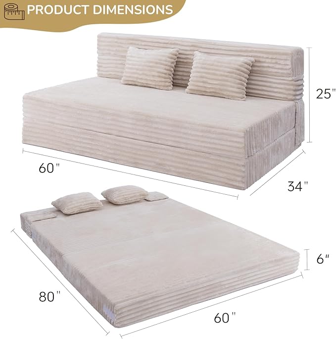 Folding Sofa Bed Queen Size, Convertible Sleeper Chair Loveseat with Pillow, Futon Chair Sofa Bed, Fold Out Floor Couch, Foldable Mattress for Living Room, Bedroom, Guest Room, Dorm, Beige