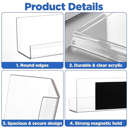 2 Pack Clear Magnetic Book Shelf for Whiteboard – Reusable Acrylic Display Shelf with Strong Magnets, Holds 8.8lbs, No Drilling Needed for Learning Places, Office, Fridge (17” x 2.2” x 2.2”)