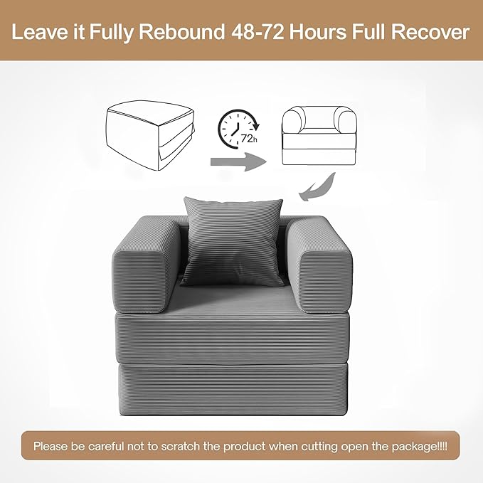 2-in-1 Floor Foldable Sofa Couch Convertible Sleeper Chaise Lounge Chair Indoor Portable Fold Out Futon Mattress with Back Support for Living Room,Bedroom (Gray, 35.43" Single Sofa)