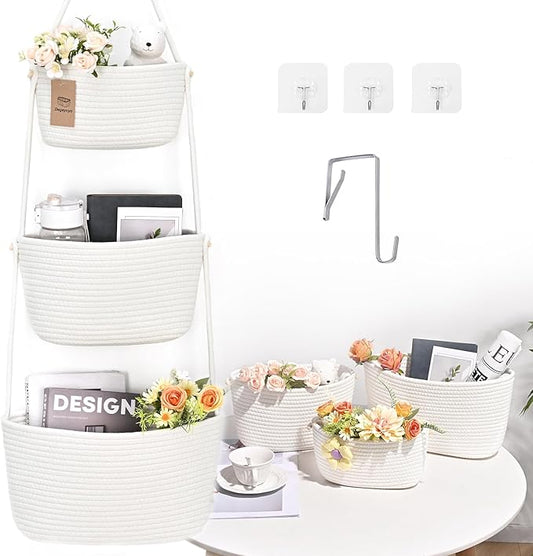 Hanging Storage Baskets, Over the Door Basket, Cotton Wall Baskets Storage, Hanging Door Basket with 4 Hooks