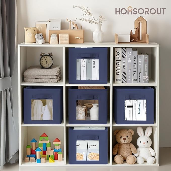 Storage Cube 11 Inch - Cube Storage Bins with Window, Closet Storage Baskets with Handle, Fabric Bins for Closet, Shelves, Toys, Clothes, Set of 10, Navy Blue