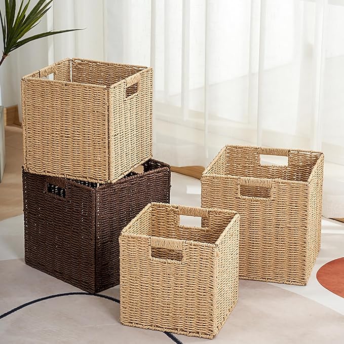 10.5x10.5in Storage Basket, 1 Pack Black Paper Rope Woven Baskets,Foldable Handwoven Storage Cubes,Wicker Cube Baskets Laundry Organizer Totes for Bathroom, Bedroom, Laundry, Pantry, Shelves