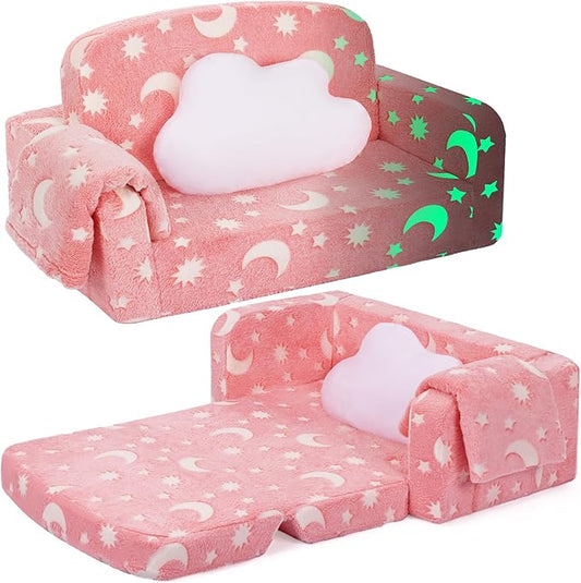 Extra Wide Kids Couch, Kids Sofa, Toddler Sofa, Glow in The Dark, 2-in-1 Soft Toddler Couch with Blanket and Pillow, Moon Style, Pink