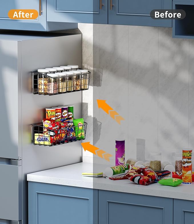 4-Pack Magnetic Spice Rack for Refrigerator, Versatile Magnetic Shelf Organizer with 4 Hooks for Kitchen Storage, Large Capacity Spice Rack for Fridge, Oven, or Cabinet - Black