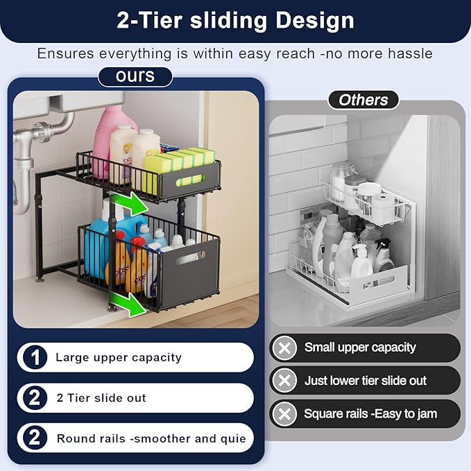 2-tier sliding under sink organizer with adjustable feet and locking clips
