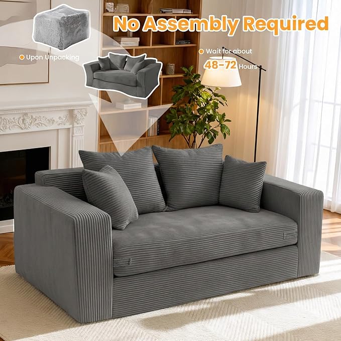 Winzon Boneless Loveseat, 3 in 1 Convertible Sofa Bed Sleeper Sofa Floor Futon Bed with 4 Pillows, 55" Grey Boneless Couch for Living Room, Guest Room, Small Space, No Assembly Required, Corduroy