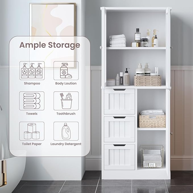 Karl home Bathroom Storage Cabinet, 58" Tall Storage Cabinet with 3 Drawers & Doors, Freestanding Kitchen Pantry for Dining Room, 2 Glass Doors, Adjustable Shelves, Living Room, White