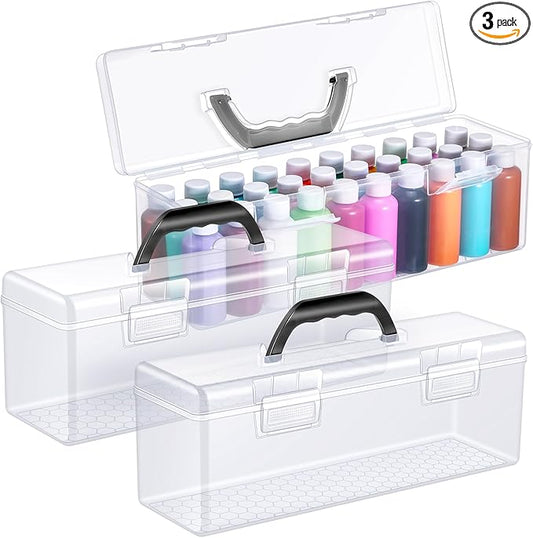 3 Pcs Paint Storage Box for 2 Fl. oz Acrylic Paints, Acrylic Portable Craft art Organizer with Handle, 30 Bottles Capacity Plastic Art Supply Clear Boxes
