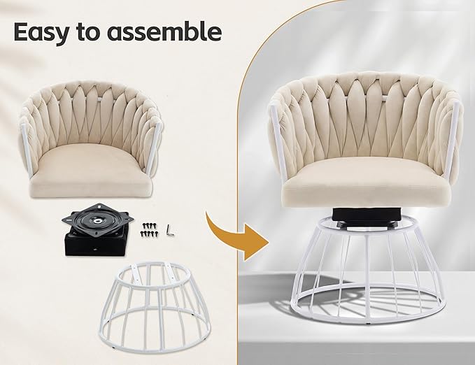 Mistpeople Swivel Weave Accent Chair, Velour Upholstered Modern Chair with Woven Tufted Backrest for Living Room, Bedroom, Vanity, Beige