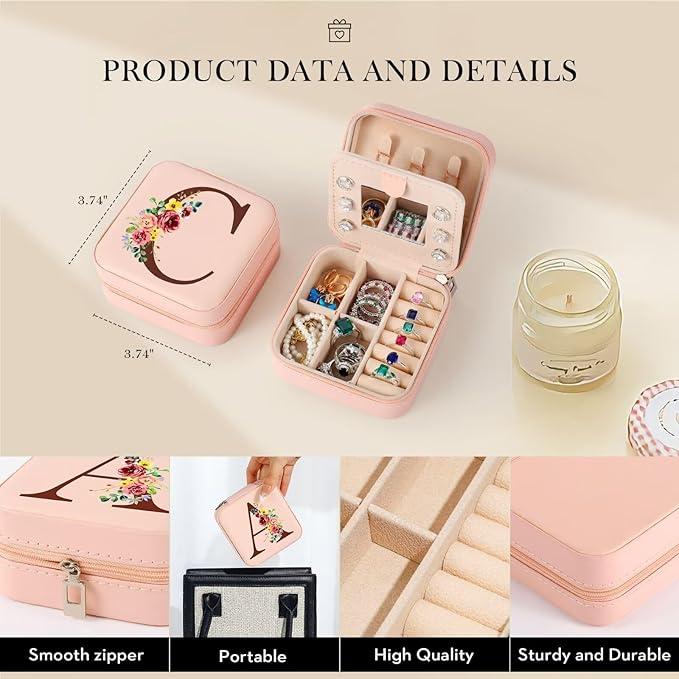Parima Jewelry Boxes for Women Girls - Small Travel Case Box with Mirror Organizer Holder Vacation Accessories Essentials Gifts Initial H ''Pink