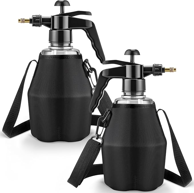 2 Pcs 1.5 Liter Misters Spray Pump Bottle with Full Neoprene Jacket and Built in Carrying Strap Garden Plant Mister Spray Bottle for Spring Personal Cooling Plants Watering (Black)